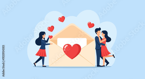 Romantic Love Letter and Embracing Couple Illustration - Heartfelt Message Delivery and Affectionate Connection