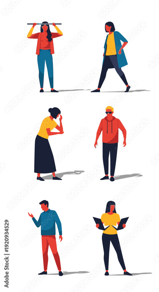 Fototapeta premium Diverse individuals in modern daily life concept, engaging in various activities illustrating contemporary human experiences and dynamic interactions through flat design