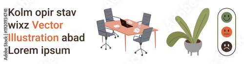 Office decor, productivity tools, workplace communication, feedback systems, interior design, professional work settings. Conference table with chairs, plant and feedback icons. Office decor