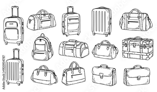 Hand Drawn Luggage and Travel Bags Vector Collection for Journey and Tourism