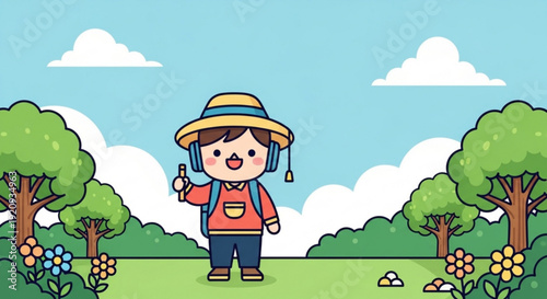 Happy child in hat and backpack gives thumbs up in green park with trees and flowers