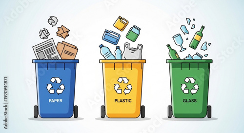 Colorful recycling bins for paper plastic and glass waste management