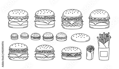 Hand Drawn Hamburger Icon Set Vector Minimal Outline Fast Food Collection