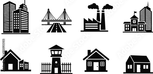 City building and infrastructure icons set, skyscraper bridge factory school lighthouse and residential houses vector silhouette illustration collection