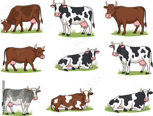 Collection of dairy cows and cattle vector icons, various breeds grazing and resting on grass, farm animal flat illustration set for agriculture design,
