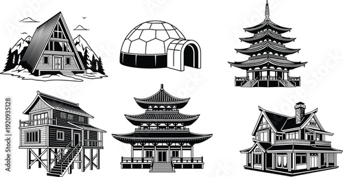 Collection of traditional and modern architectural houses, igloo, pagoda, cabin and stilt home vector illustration isolated on white background