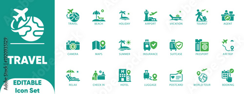Travel Solid Icon Set. globe, compass, navigation, illustration, set, camera, money, hotel, transportation, plane, map, and vector icons.