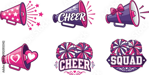 Colorful cheerleading illustrations, megaphones, pom-poms, team spirit design, sports enthusiasm artwork, cheer squad vector, vibrant graphic art, stock image, celebration