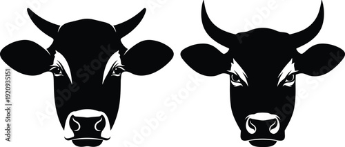 Cow and bull head illustration, black and white vector art, animal face design, livestock silhouette artwork, farm animal graphic, horns