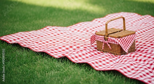 A cozy picnic setup on a grassy field with a checkered blanket and basket.