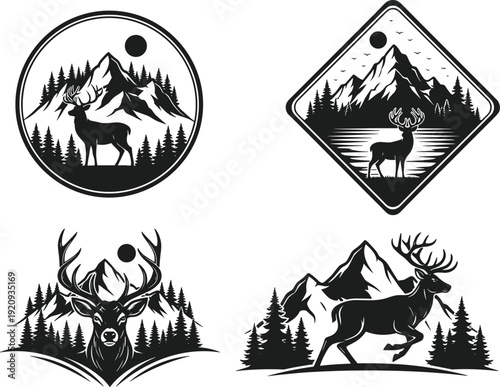 Deer silhouette illustration, mountain forest landscape, wildlife vector art, black and white design, nature adventure artwork, outdoor scenery, majestic antlers