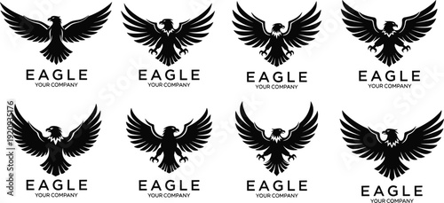 Eagle logo collection, corporate branding design, strong bird emblem illustration, black and white vector artwork, freedom symbol graphic, company identity