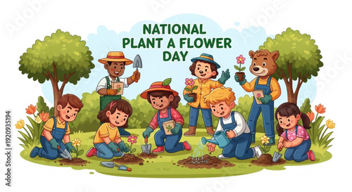 Children and adults planting flowers on national plant a flower day in a garden