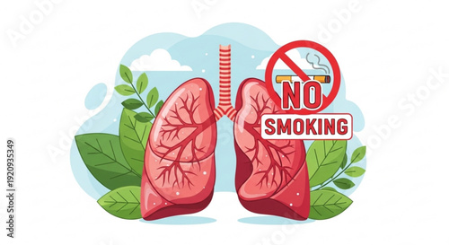 Healthy lungs with no smoking sign and green leaves background