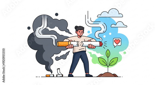 Man transforming pollution into eco friendly environment with green plant