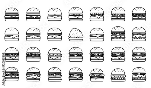 Minimalist Hamburger Icon Set Vector Fast Food Outline Collection for Digital Design