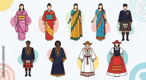 Diverse people wearing traditional cultural clothing from around world standing in colorful abstract background