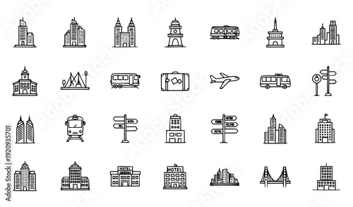 Thin Line Travel and City Icon Set Vector Premium Outline Pictogram Collection
