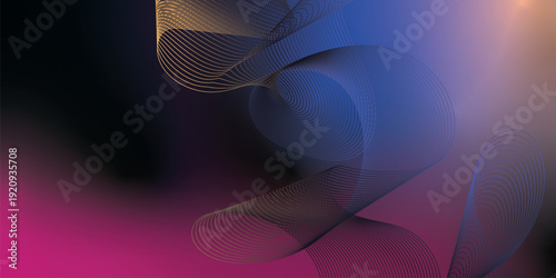 Dark grunge style background with vibrant megenta navy blue black and SandyBrow Cornsilk abstract soft glow waves merged in a smooth gradient blur for modern cover poster and wide header banner design