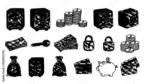 Doodle Style Finance and Security Icon Collection Vector Safes Money Keys