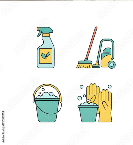 Cleaning services and housekeeping equipment vector icon set. Flat illustrations of spray bottle, broom, vacuum cleaner, bucket with foam, and rubber gloves for hygiene and home maintenance.