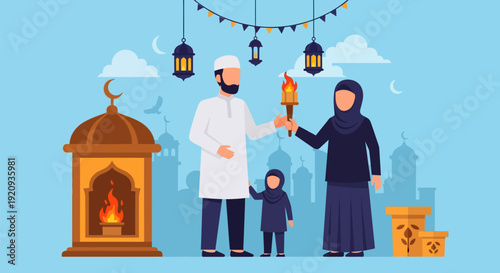 Happy Muslim Family Celebrating Islamic Holiday with Traditional Lanterns & Torch - Flat Vector Art