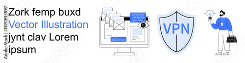 Data security, internet privacy, secure connections, online communication, technology protection, VPN services. Shield with VPN text and digital elements. Data security and internet privacy concept