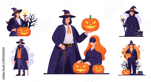 Halloween Characters Collection: Witches, Wizards, and Spooky Jack-o'-Lantern Illustrations Set