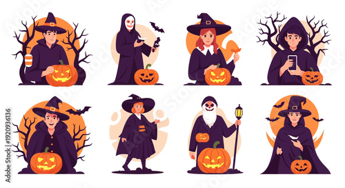 Diverse Halloween Characters Vector Collection with Witches, Grim Reaper, Hooded Figures & Jack-o'-Lanterns for Spooky Celebrations