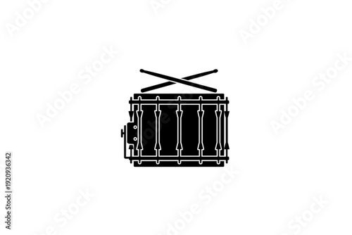 Rhythmic Precision: A minimalist monochrome depiction of a snare drum with drumsticks, emphasizing the clean lines and musical essence.
