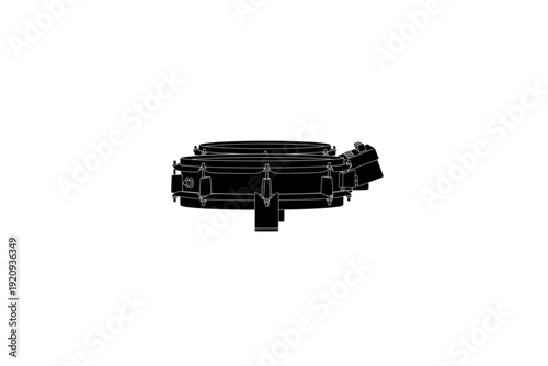 Black snare drum: A sleek, black snare drum, a key component of a drum kit, positioned in isolation, emphasizing its design and form.