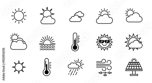 Collection of Weather Icons - Sun, Clouds, Rain, Wind, Thermometer and Solar Panel
