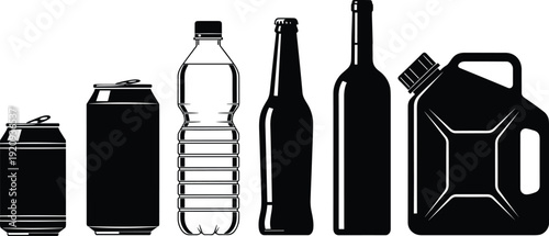 Collection of Beverage and Fuel Container Silhouettes, Cans Bottles Plastic Water Bottle and Jerrycan Vector Illustration Isolated on White Background