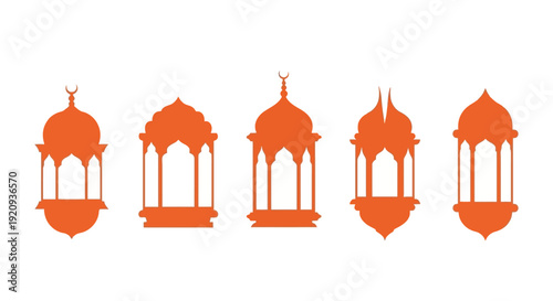 Set of Five Orange Islamic Lanterns Silhouette on White Background, Ramadan Decoration