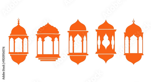 Set of Five Stylized Geometric Islamic Lanterns in Orange on White Background