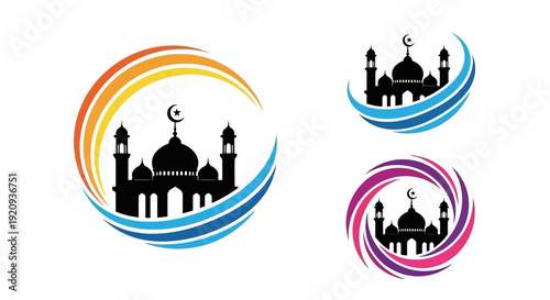Bild auf Leinwand Collection of Islamic Mosque Silhouette Logos with Swirling Colorful Abstract Ba