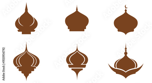 Collection of Six Brown Islamic Mosque Domes and Finials Silhouette Icons