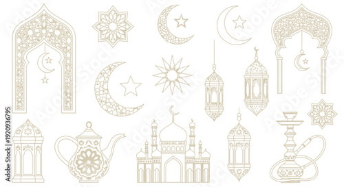 Islamic Geometric Pattern Elements: Arches, Lanterns, Mosque, Teapot, Hookah, Moon