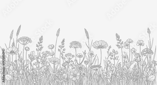 Delicate Hand-Drawn Wildflower Meadow Border in Gray Scale, Botanical Illustration