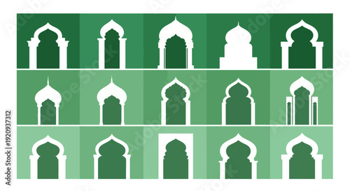 Collection of White Islamic Archways and Doorways on Green Background Vectors
