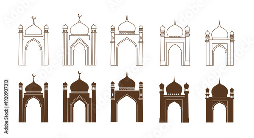 Collection of Islamic Mosque Arches and Domes in Outline and Silhouette Styles
