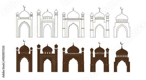 Collection of Islamic Mosque Facades and Arches in Outline and Solid Brown Vector Styles