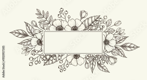 Elegant Hand-Drawn Floral Bouquet with Blank Rectangular Frame for Text