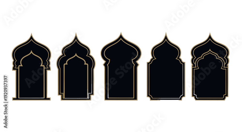 Elegant Islamic Architectural Frames with Gold Outline on White Background