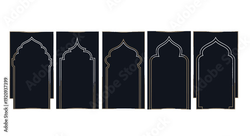 Collection of Elegant Islamic Arch Frames with Gold and Silver Borders on Dark Background