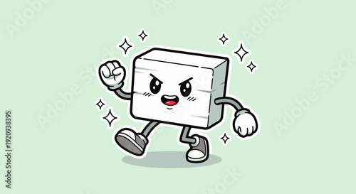 Energetic cartoon box character running proudly.