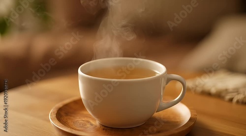 A calming scene featuring a steaming cup of tea on a wooden surface