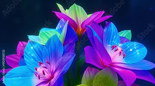 Vibrant Neon Flower Bouquet with Dark Background, Floral Fantasy Illustration Artwork