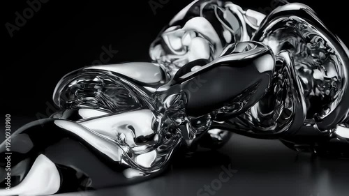 Gleaming liquid metal forms an abstract, amorphous sculpture on a dark surface