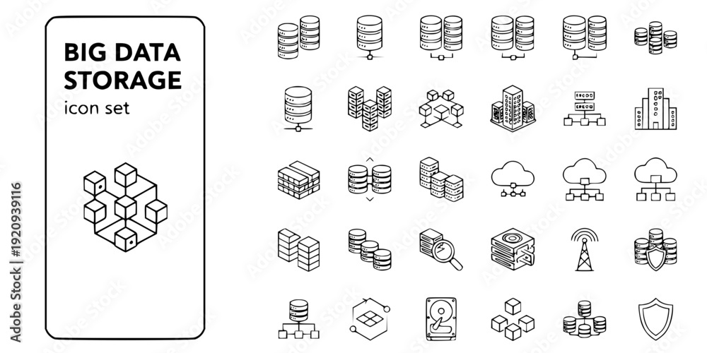 Naklejka premium Big Data Storage Thin Line Icons-Database Data Center Server Storage Hosting Infrastructure Cloud-Editable Stroke Vector Icon Set - Big Data Icons